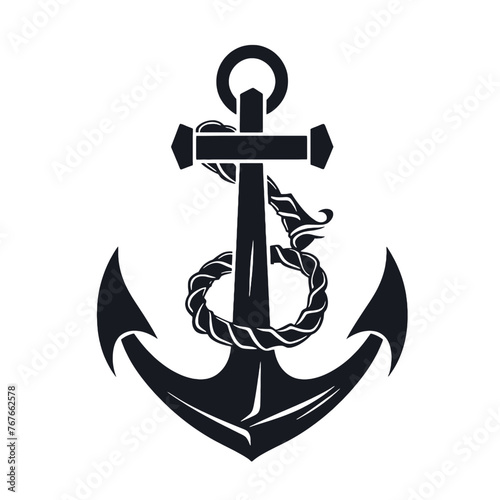 Vector illustration, monochrome sea anchor icon isolated on white background. Simple shape for design logo, emblem, symbol, sign, badge, label, stamp.