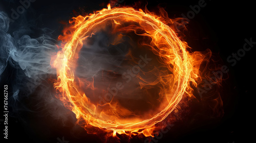 Flaming fire ring frame with smoke on dark background