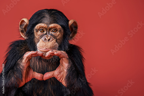 A baby monkey is making a heart shape with its hands. Happy laughing funny monkey portrait making heart hands. Chimpanzee with Hand fingers making heart shape, isolated on red background © Nataliia_Trushchenko