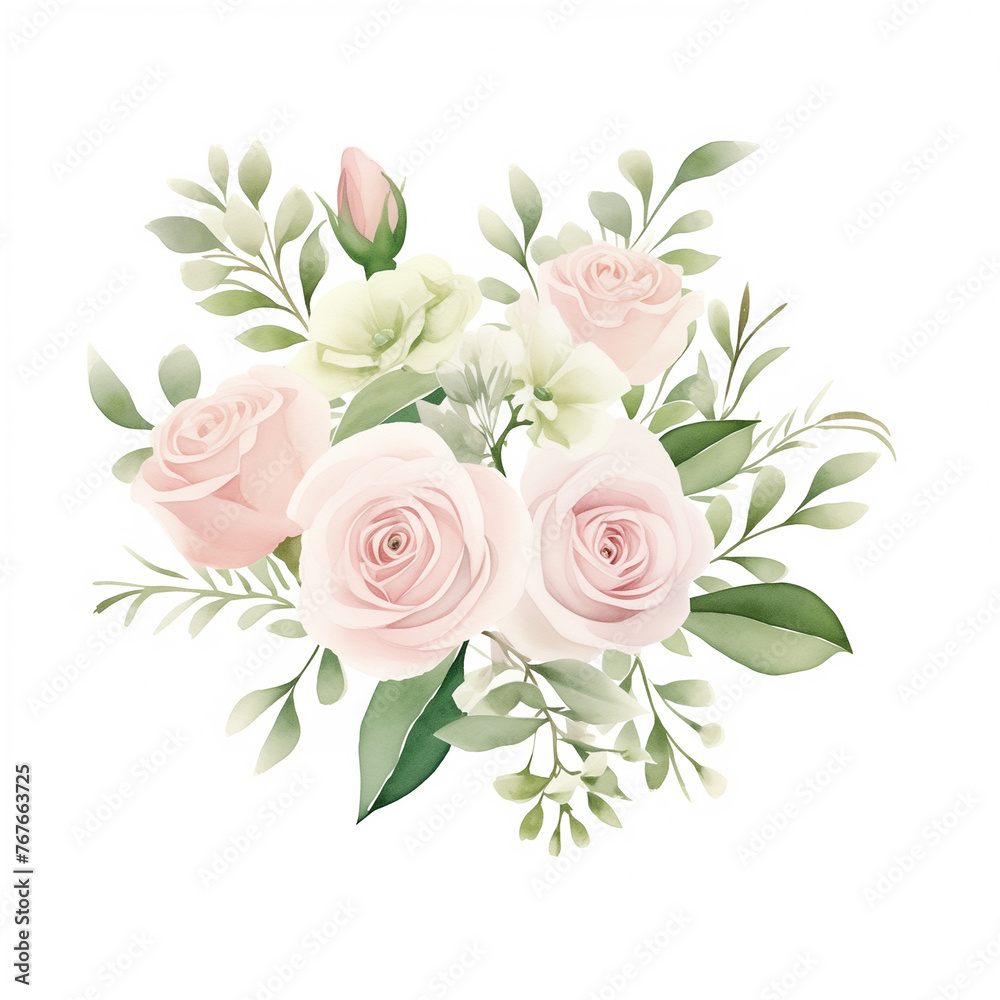watercolor illustration pink, red, white Rose flower and green leaves. Florist bouquet, International Women's Day, Mother's Day, wedding flowers.