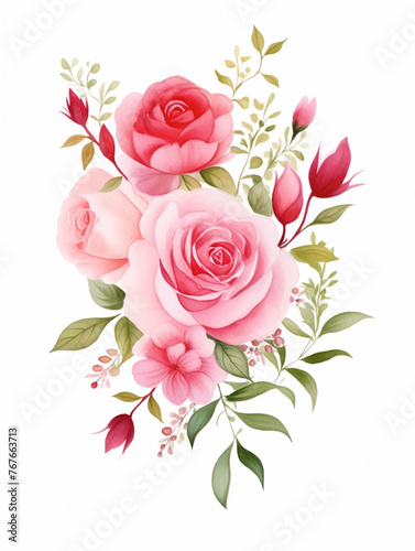 watercolor illustration pink  red  white Rose flower and green leaves. Florist bouquet  International Women s Day  Mother s Day  wedding flowers.