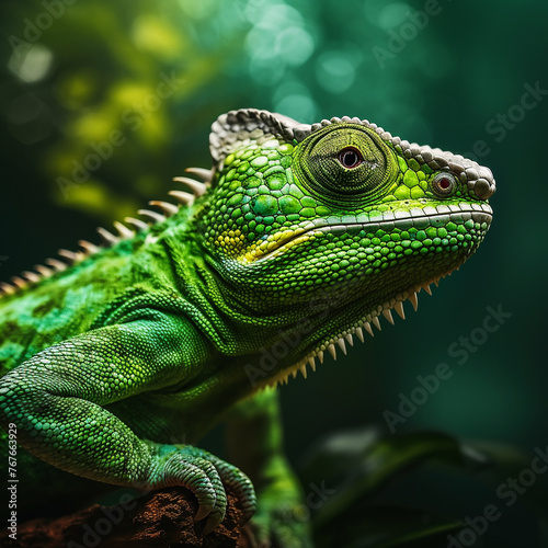 Cute green jaguana, netral black background. © Alexander