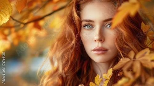 A woman with red hair is standing in a field of yellow leaves