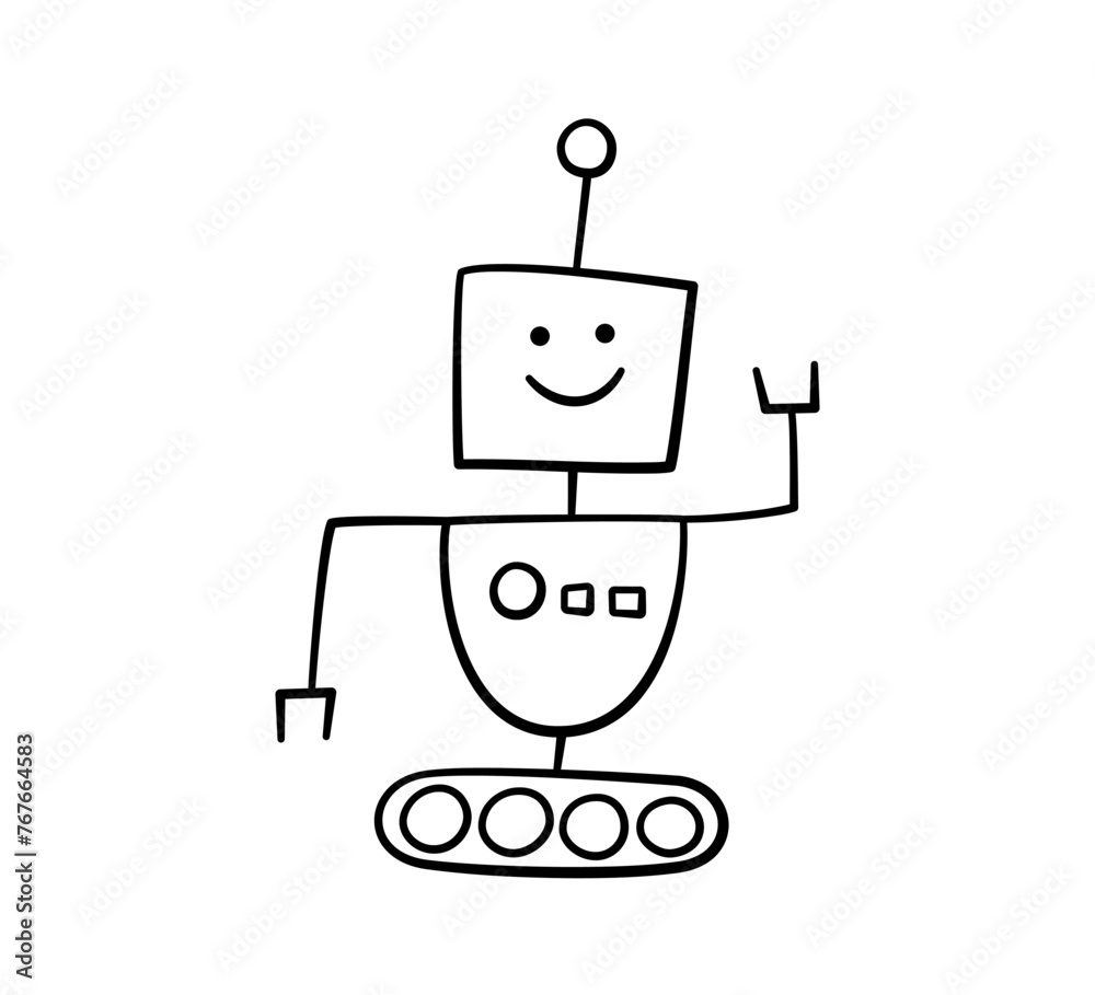 Happy funny doodle childish robot character. Kids hand drawn robot with smile face. Vector illustration isolated on white background. Happy funny doodle childish robot character. Kids hand drawn robot with smile face. Vector illustration isolated on white background.