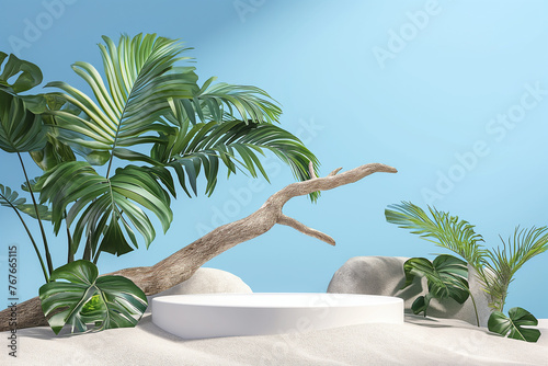 A white podium in round-shaped displayed on the sand with a big tree branch and some green tropical leaves with Blue sky background