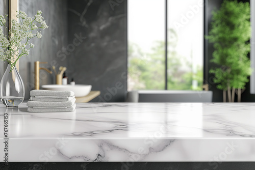Empty marble table top for product display with bathroom interior background