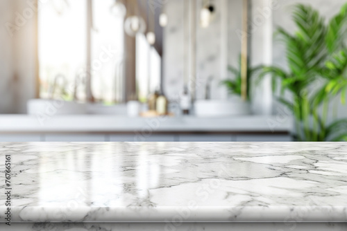 Empty marble table top with blurred bathroom interior background