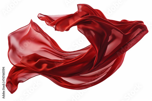 Flying red silk fabric, Waving satin cloth isolated on white background