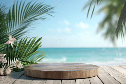 Summer product display on wooden podium at sea tropical beach
