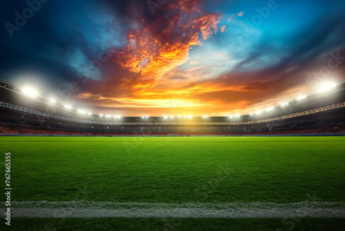 Soccer stadium with green grass, illumination lights and dramatic night sky