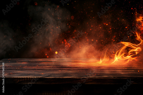 Wooden table with Fire burning at the edge of the table, fire particles, sparks, and smoke in the air, with fire flames on a dark background to display products