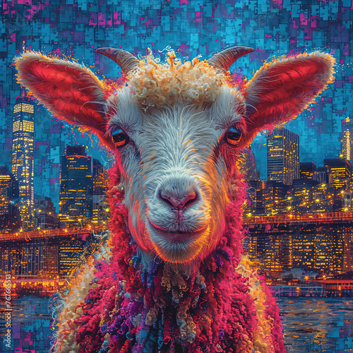a sheep that is standing in front of a city