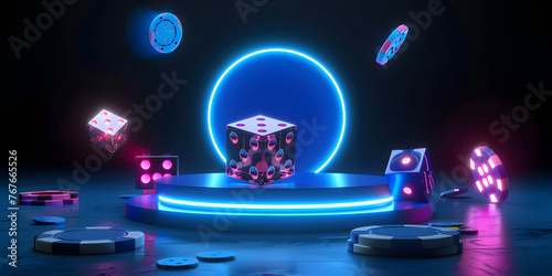 Blue neon 3d dice with red and black realistic gambling stack of casino chips in dark scene with neon rhombus frames and hologram of digital rings.
