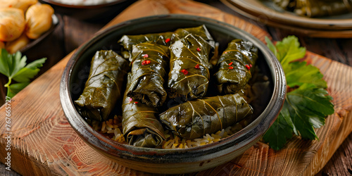 Delicious stuffed grape leaves traditional middle eastern dish dolma or sarma with parsley in black
 photo