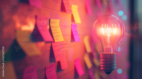an idea bulb in a board with sticky notes on it, an environment of creativity and generativity  photo