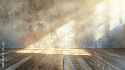 Empty wall and wooden floor with glare from the window. 