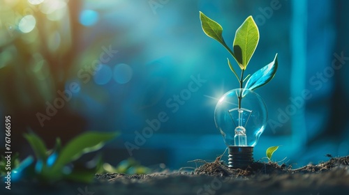Capturing the essence of growth and innovation a plant springs from a lightbulb blue gradient enhancing