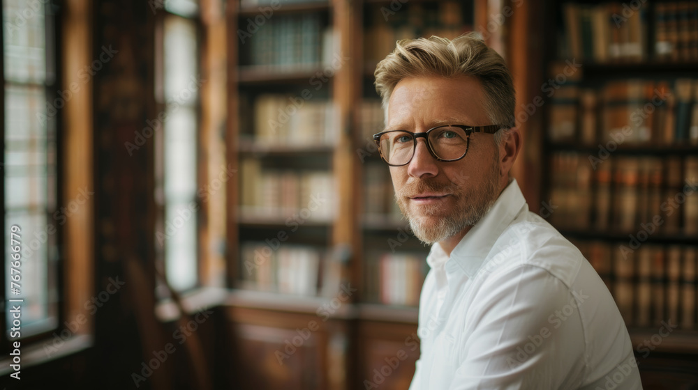 Portrait of an handsome blond hair caucasian white man in his 40s wearing glasses with formal slick hairstyle and smooth face wearing a white shirt in a luxury ancient library