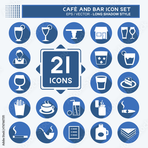 Cafe and Bar Icon Set Icon in trendy long shadow style isolated on soft blue background