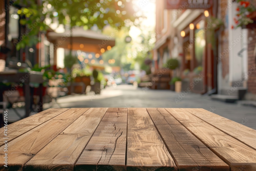 Wooden table on blur cafe, coffee shop, street, street cafe, terrace, background. Empty space for your product. Wooden table on blur cafe, coffee shop, street, street cafe, terrace, background. Empty space for your product.