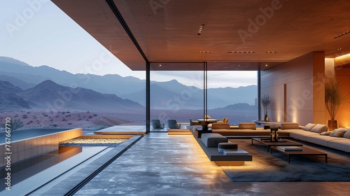 Modern Desert Home Interior with Mountain View at Twilight © lin