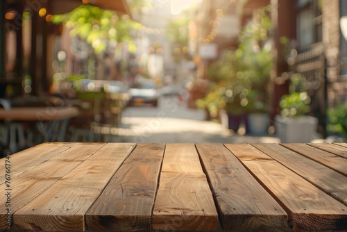 Wooden table on blur cafe, coffee shop, street, street cafe, terrace, background. Empty space for your product.
