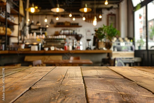 Wooden table on blur cafe, coffee shop, bar, background. Empty space for your product.