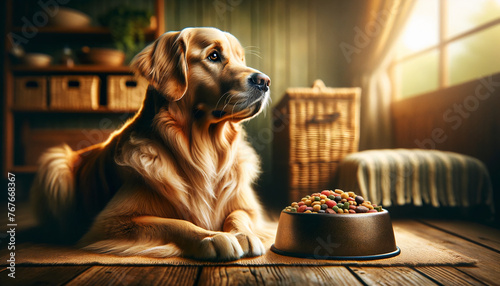 golden retriever sitting and waiting with bowl of dog food