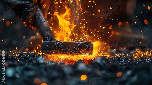 Blacksmiths making tools from iron, with a fire burning, hitting the iron with a hammer blacksmiths photo