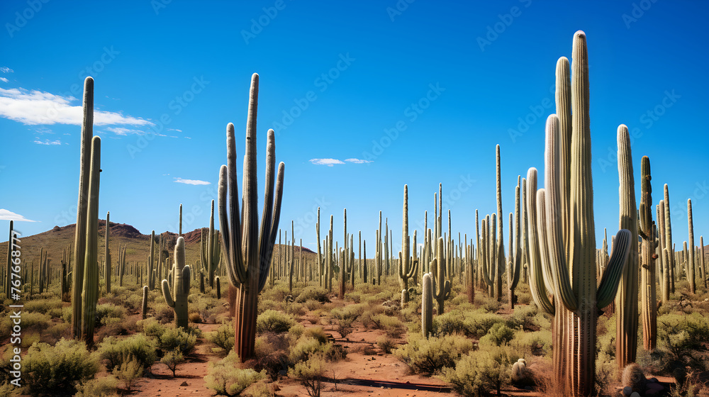 Resilience in Harsh Conditions: A Spectacle of Cacti Thriving in Arid Landscape Under a Clear Blue Sky