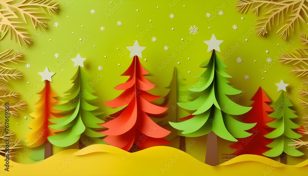 A paper cutting of a Christmas tree with red and green details