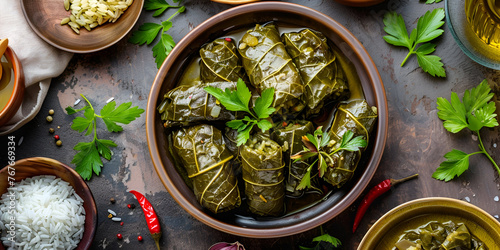 Dolma stuffed grape leaves with rice and meat
