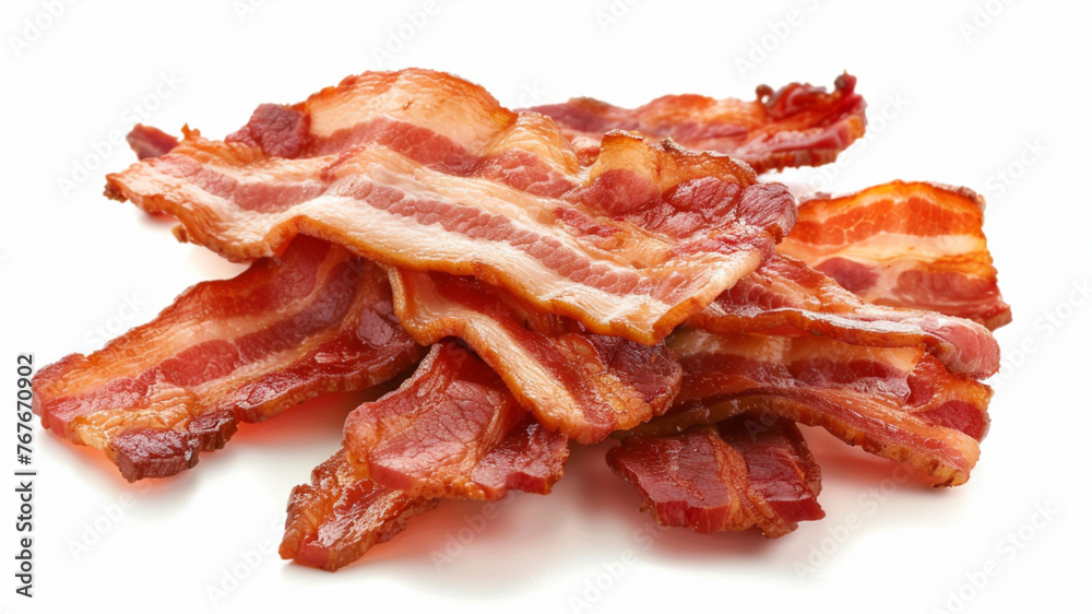 a photo real image on white of of strips of crispy bacon a photo real image on white of of strips of crispy bacon