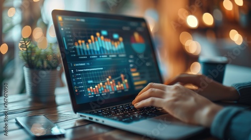 Close-up of hands typing on a laptop, the screen showing a successful affiliate marketing dashboard with rising graphs and affiliate links. Generative AI.