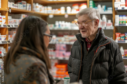 Professional Photography of a Pharmacy Shop Assistant Assisting Elderly or Disabled Customers With Accessing Medications or Navigating The Pharmacy Environment  Generative AI
