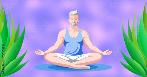 Vector flat handsome blond athletic man doing yoga in lotus position on a blurry lilac-pinkish background with green tropical plants. Spiritual practice, zen.