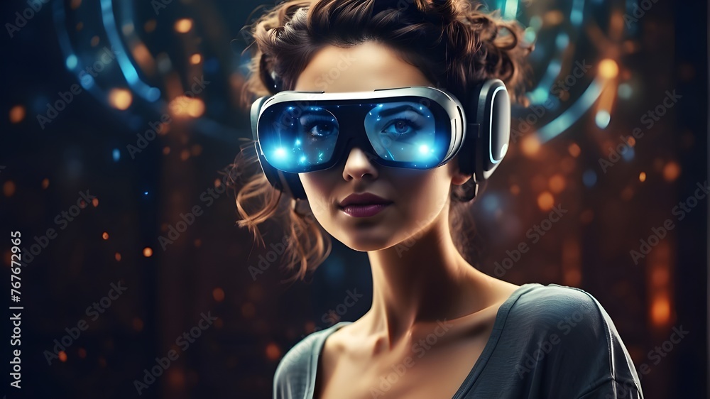 gorgeous woman wearing a virtual reality goggles.A metaverse thought for the future