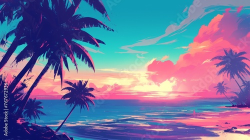 Anime retrowave beach background, wallpaper, art © IMAGE