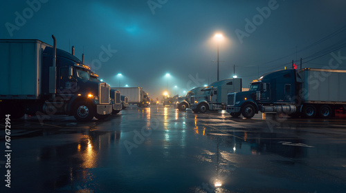  A line of tractor-trailers parked in a secluded mountain pass, amidst towering pine trees and patches of lingering snow, under a starry night sky with a hint of moonlight. © Sajib