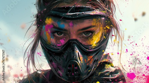 Generative AI illustration of Close-Up View of a Paintballer's Colorful Battle Mask. photo