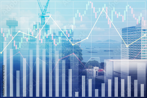 Stock financial index show successful investment on construction industry and travel business with graph, chart and candlesticks on crane and resort destination background.
