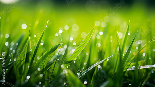Green grass with dew drops close-up. Natural background.