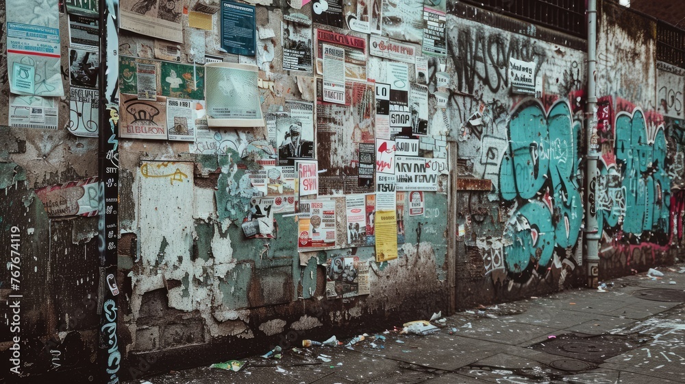 Fototapeta premium Dirty walls full of posters and graffiti, AI generated Image