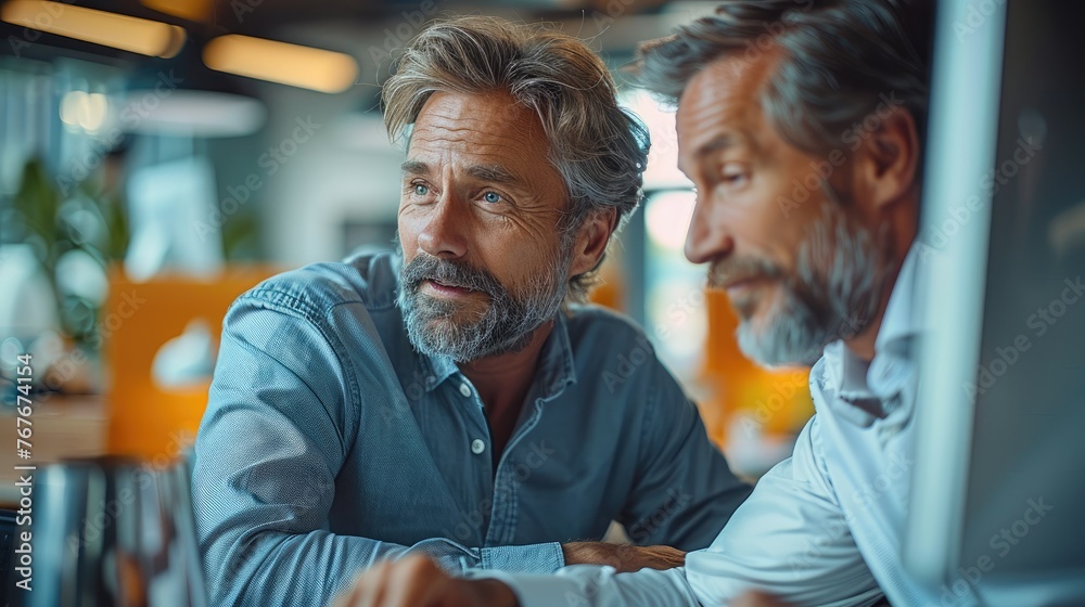 Fototapeta premium Two business man at a computer talking and smiling. They are in a brightly lit office. Generative AI.