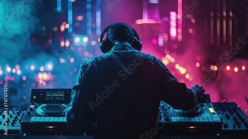 DJ plays music with a neon theme, AI generated Image photo