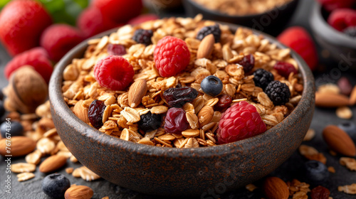 Homemade granola with fresh berries and nuts in bowl, closeup