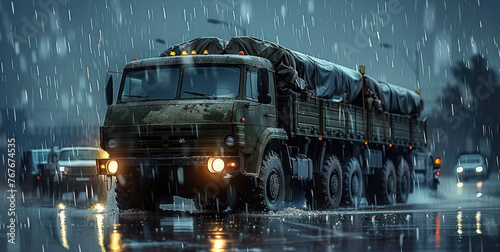 Military truck cargo with rainy weather at night. Generative AI.