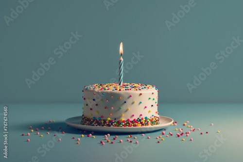 Birthday cake with candle. Pastel colors. Birthday background with copy space.
