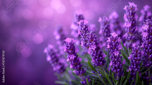 Bunch of lavender flowers on purple bokeh background.