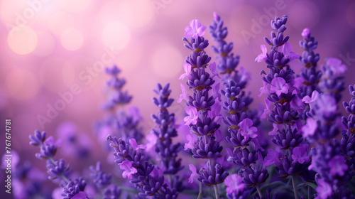 Lavender flowers on purple bokeh background, close up